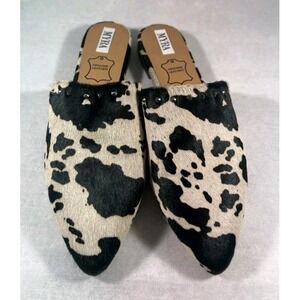 MYRA Cow Hide Calf Hair Slide Flats Genuine Leather Sz 10 Black Cream Studs Shoe